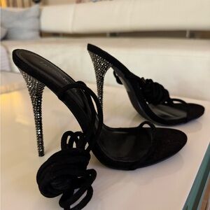 FASHION NOVA BLACK STRAPY HIGH HEEL SHOES SILVER RHINESTONE SZ 6.5